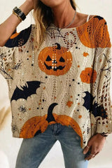 Women's Halloween Multi Pumpkin Bat Round Neck Long Sleeve Sweater