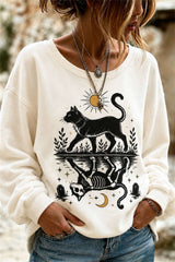 Women's Halloween Cream Black Cat Skeleton Print Round Neck Long Sleeve Sweatshirt