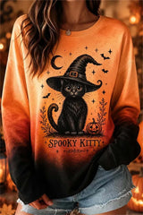 Women's Halloween Multi Cat Pumpkin Bat Round Neck Long Sleeve Sweatshirt