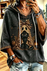 Women's Halloween Dark Gray Leopard Black Cat Bat Spider Web Print Hoodie
