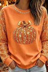 Women's Halloween Orange Pumpkin Print Round Neck Top