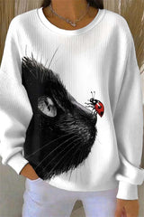 Women's White Cat Ladybug Print Round Neck Long Sleeves Top