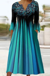 V Neck Ribbon Green Ombre Stripe 3/4 Sleeves Midi Dresses
