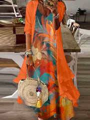 Orange Print Long Sleeve Two Pieces Maxi Dress
