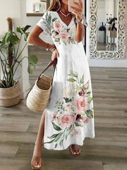 Elegant Floral Print V-neck Short Sleeve Midi Dress