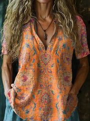 Vintage Ethnic Print V-neck Short Sleeve Tops