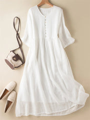 Pure White V-neck Button-Down Short Sleeve Midi Dress