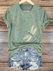 Vintage Dragonfly Print Round Neck Short Sleeve T-Shirt