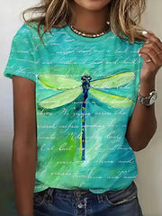Dragonfly Print Round Neck Short Sleeve Daily Comfy T-Shirt