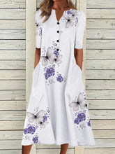 White Floral Printed V-neck Short Sleeve Midi Dress