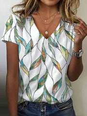 Leaf Print V-neck Short Sleeve Casual T-shirt