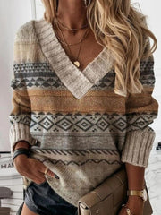 Geometric Print V-neck Casual Long Sleeves Sweater