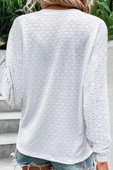Solid Color Button V Neck Long Sleeve Hollow Out Casual Blouse