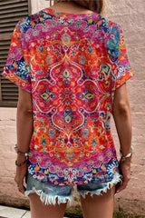 Ethnic Print V-neck Short Sleeve Button Casual T-Shirt