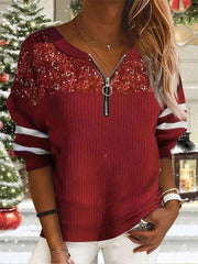 Christmas Plain Round Neck Zipper Long Sleeves Sweater