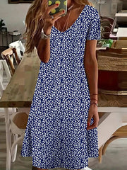 Blue Floral Print V-neck Short Sleeve Comfy Mini Dress