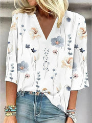 Loose Casual Plain V-Neck 3/4 Sleeve Blouse
