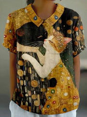 Cute Cartoon Cat Print Round Neck Short Sleeve Casual Blouse