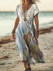 Vintage Heart Print V-neck Short Sleeve Maxi Dress