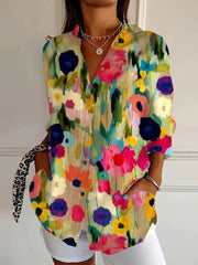 Elegant Floral Print Lapel Long Sleeve Tops