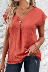 Chic Coral Button V-neck Short Sleeve Loose Blouse