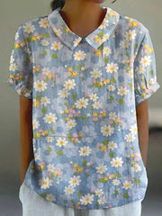 Fresh Floral Print Round Neck Short Sleeve Casual Blouse