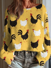 Funny Cartoon Chicken Print Round Neck Long Sleeve Casual Pullover Sweater