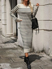Elegant Striped Crew Neck Long Sleeve Knit Bodycon Midi Dress