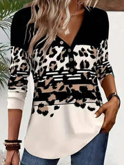 Vintage Leopard Print V-neck Long Sleeve Blouse