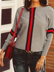 Chic Boston Red Striped Round Neck Long Sleeve Casual Sweater