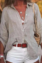 Soild Shirt Collar Loose 3/4 Sleeves Casual Blouse