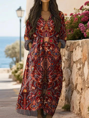 Women's Floral Pattern Long Sleeve Side Pocket Cotton Dress