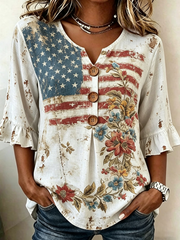 Vintage American Flag & Floral Print V-Neck Half Sleeve Blouse