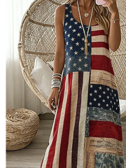 Women American Flag Patchwork Sleeveless V Neck A-Line Maxi Dress