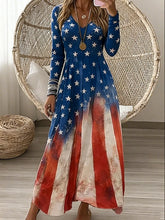 Women American Flag Print Long Sleeve V Neck A-Line Maxi Dress