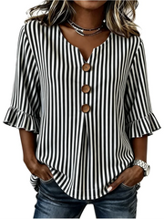 Women V Neck Half Sleeve Striped Ruffle Cuff Casual Blouse