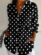 Women Shirt Collar Long Sleeve Polka Dot Loose Button Up Shirt