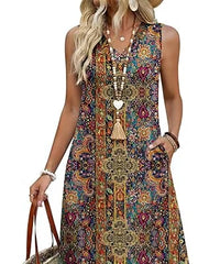 Women V Neck Sleeveless Boho Floral Print Loose A-Line Midi Dress
