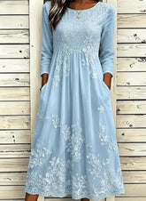 Vintage Women Crew Neck 3/4 Sleeve 3D Floral Lace Pocket A-Line Summer Maxi Dress