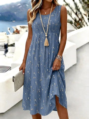 Women Crew Neck Sleeveless Floral Leaf Print A-Line Midi Dress