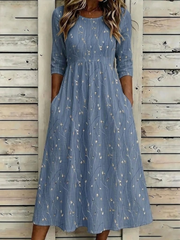 Women Floral Summer Printing Crew Neck Half Sleeve H-Line Maxi Dress