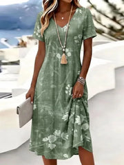 Women Floral Summer Dress V Neck Short Sleeve T-Shirt A-Line Dress