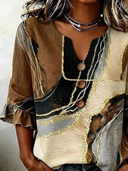 Retro Abstract Color Block V Neck Ruffle Half Sleeve Blouse