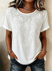 Vintage Floral Crew Neck Short Sleeve 3D Embroidery Loose T-shirt