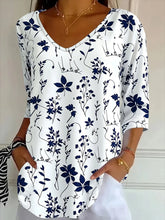 Casual Blue Floral V Neck Three Quarter Sleeve Loose Graphic T-Shirts