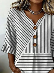 V Neck Half Sleeve Spliced Striped Print Ruffle Cuff Button Blouse