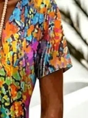 Women Abstract Summer V Neck Short Sleeve A-Line Midi Dress