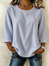 Crew Neck Long Sleeve Striped Lightweight Loose Shirt For Women