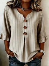 V Neck Half Sleeve Striped Printing Regular Micro-Elasticity Regular Fit Blouse For Women