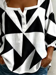 Square Neck Three Quarter Sleeve Abstract Printing Regular Micro-Elasticity Loose Blouse For Women